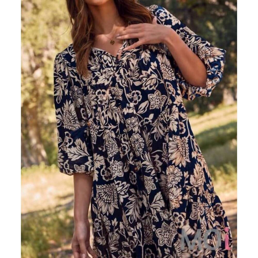NEW ODDI boho printed baby doll mini dress in navy wave